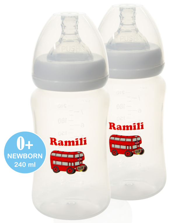 Купить Набор из двух противоколиковых бутылочек Ramili Baby 240MLX2 (240 мл. x2, 0+, слабый поток)